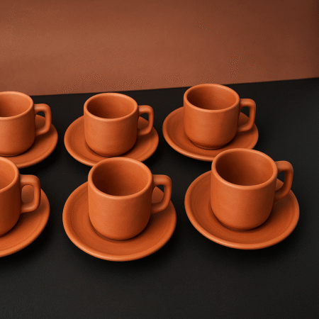 Handmade Clay Tea Cup and Saucer Set – 6 Piece Traditional Kulhad Style